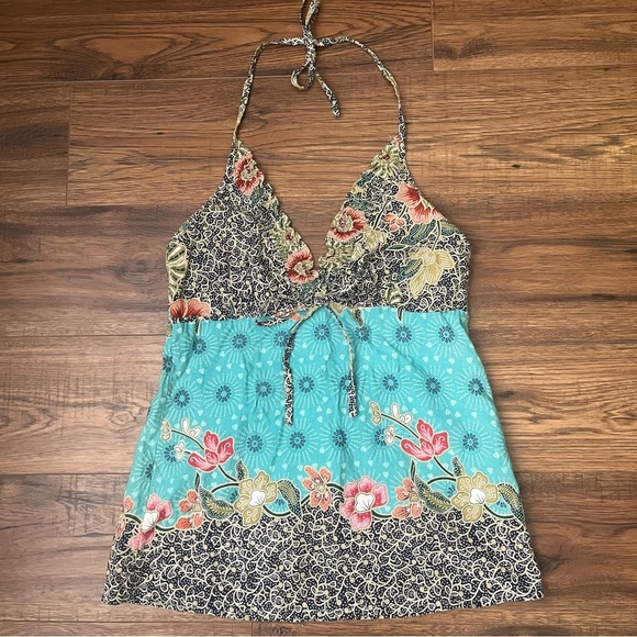 Vintage Womens Y2K Floral‎ Boho Halter Top Cotton Lightweight XS Summer Ruffles - Picture 1 of 6